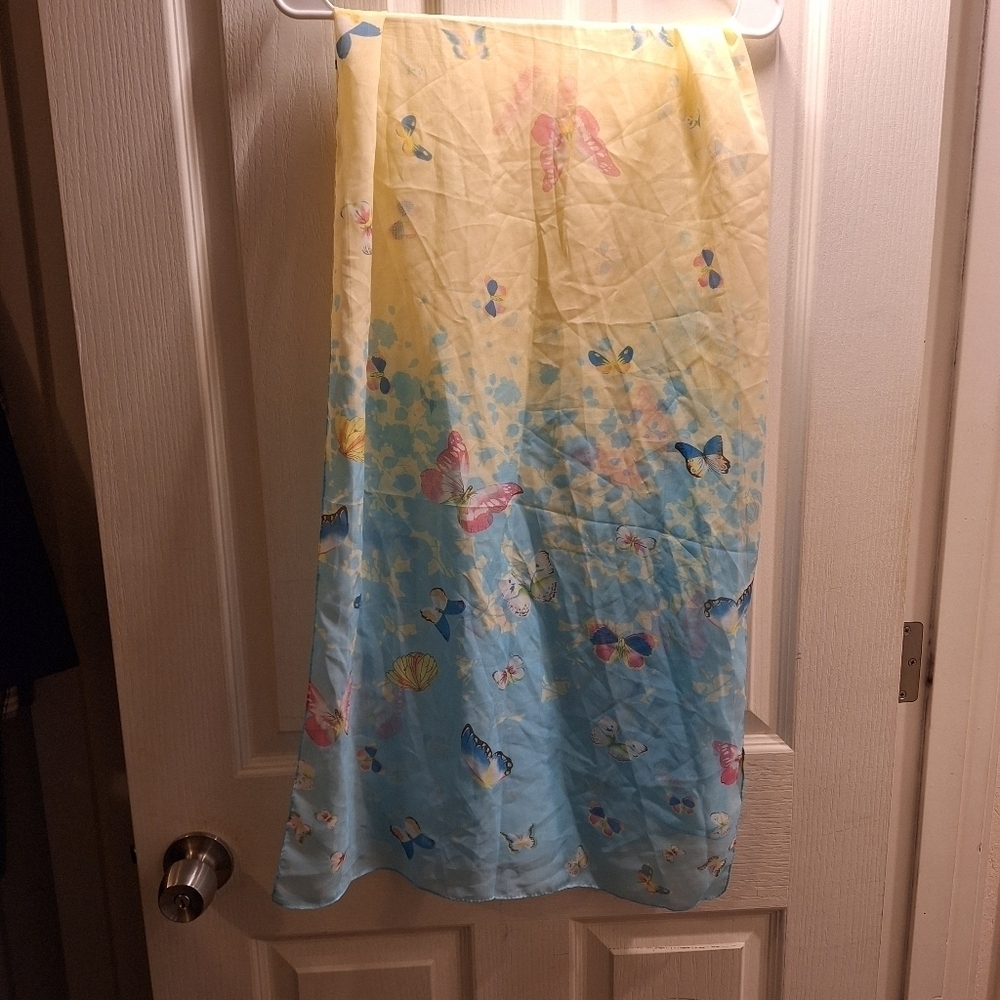 Pale Pastel Blue Yellow Butterfly Sheer Scarf